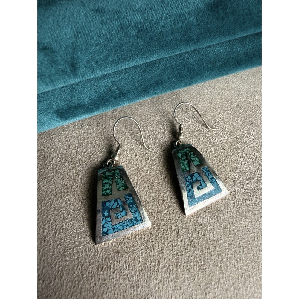 Vintage Alpaca Mexico Aztec Design Silver Dangle Earrings